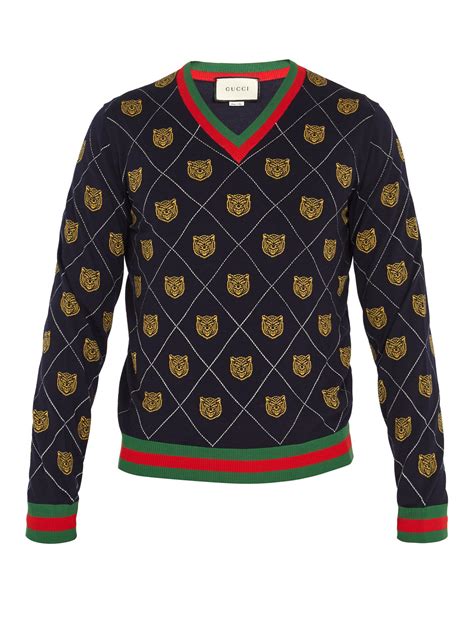 Wool sweater with Gucci patch in blue 